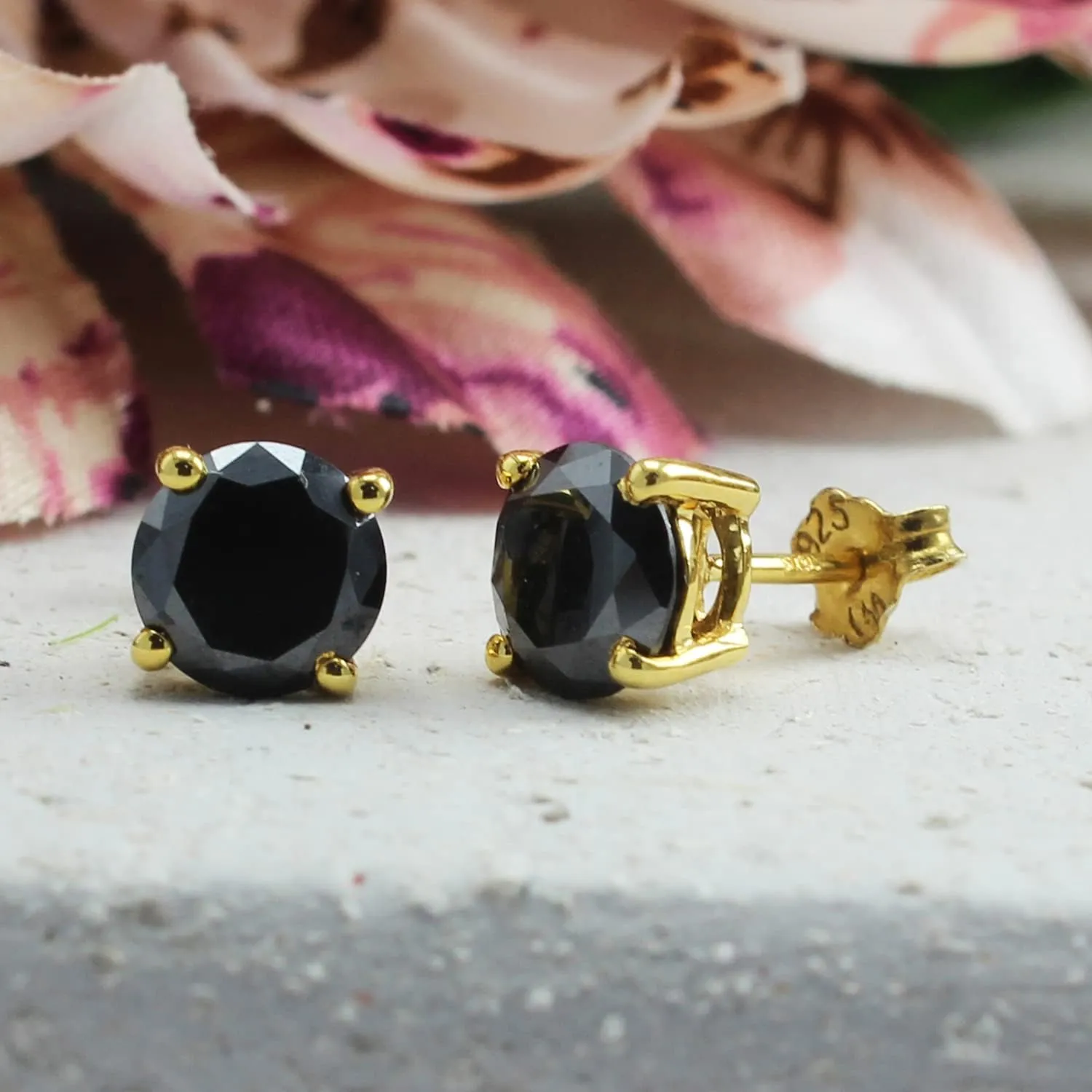 SAVEARTH DIAMONDS 10K Gold Post 2CTTW 6.5MM Black Moissanite Lab Created Diamond Simulated Diamond Solitaire Stud Earrings Sterling Silver Push Back for Women