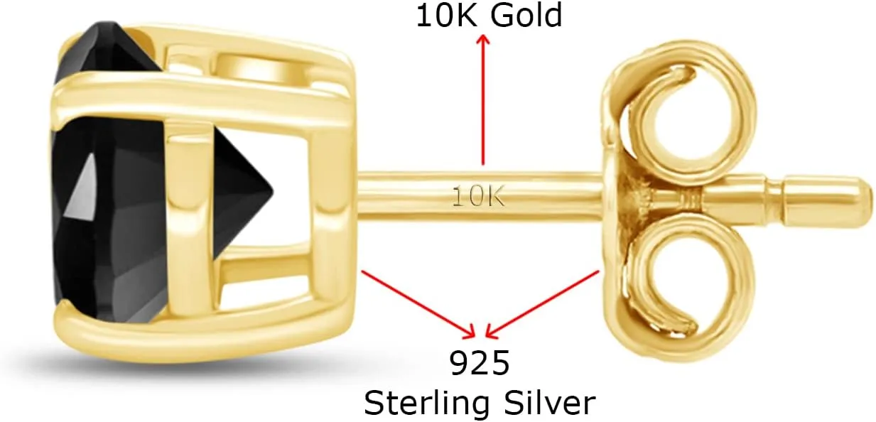 SAVEARTH DIAMONDS 10K Gold Post 2CTTW 6.5MM Black Moissanite Lab Created Diamond Simulated Diamond Solitaire Stud Earrings Sterling Silver Push Back for Women
