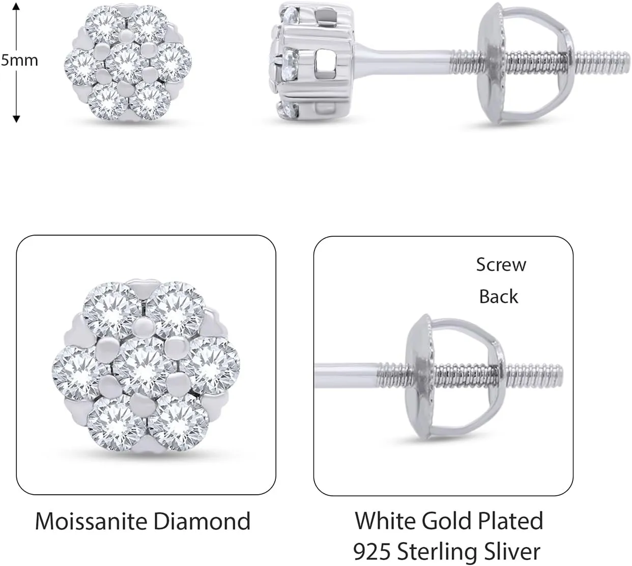 SAVEARTH DIAMONDS 1/4 Carat Round Cut Moissanite & Lab Grown Diamond Flower Cluster Stud Earrings In 14K Gold Over Sterling Silver With Screw Back Jewelry For Womens (Clarity VVS1, 0.25 Cttw)