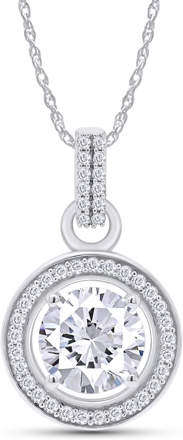 SAVEARTH DIAMONDS 2CT Moissanite Pendant Necklace 18K Gold Plated Silver D Color Ideal Cut Round Lab Created Diamond Necklace for Women