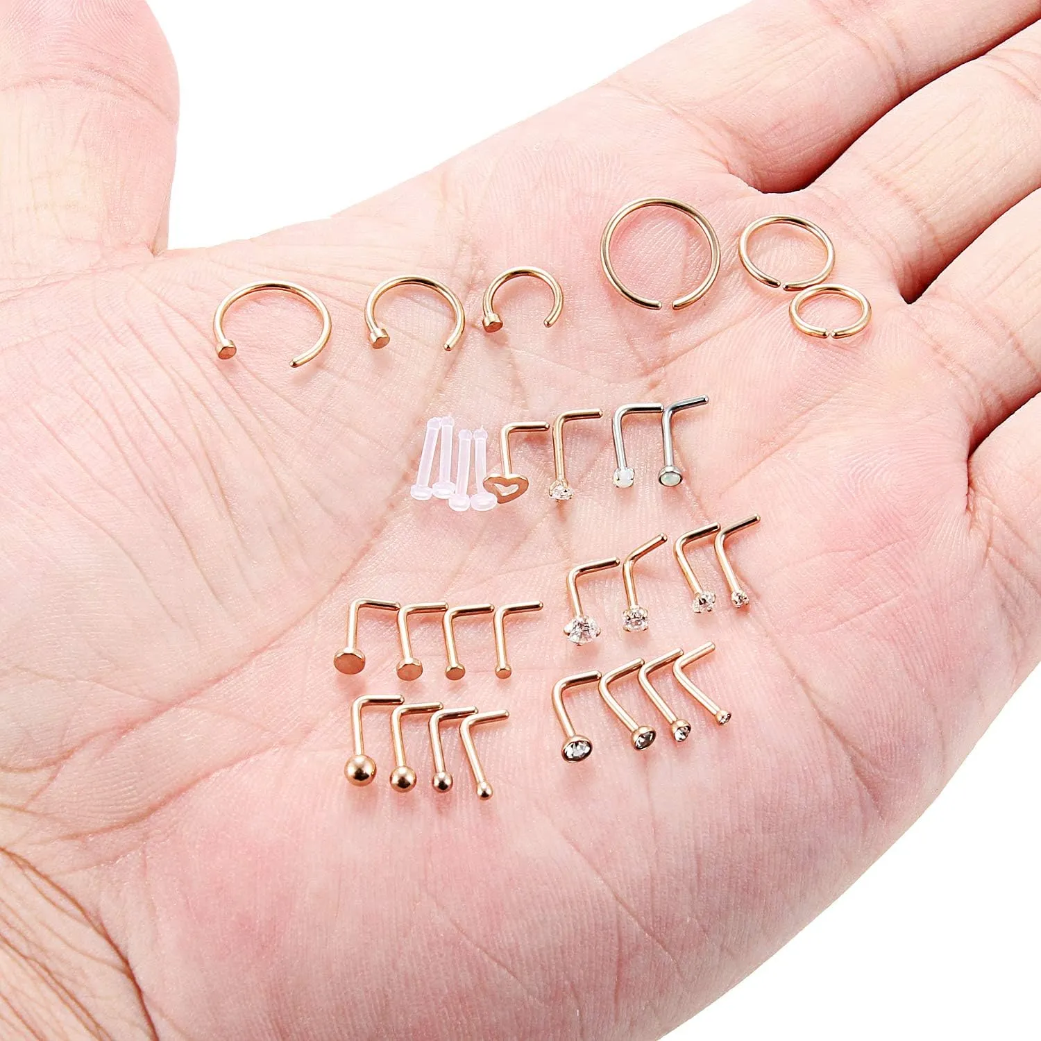 SCERRING 18G Stainless Steel L-Shaped Nose Stud Rings Tragus Lip Hoop Piercing Jewelry 1.5-3mm Clear CZ 8-30PCS