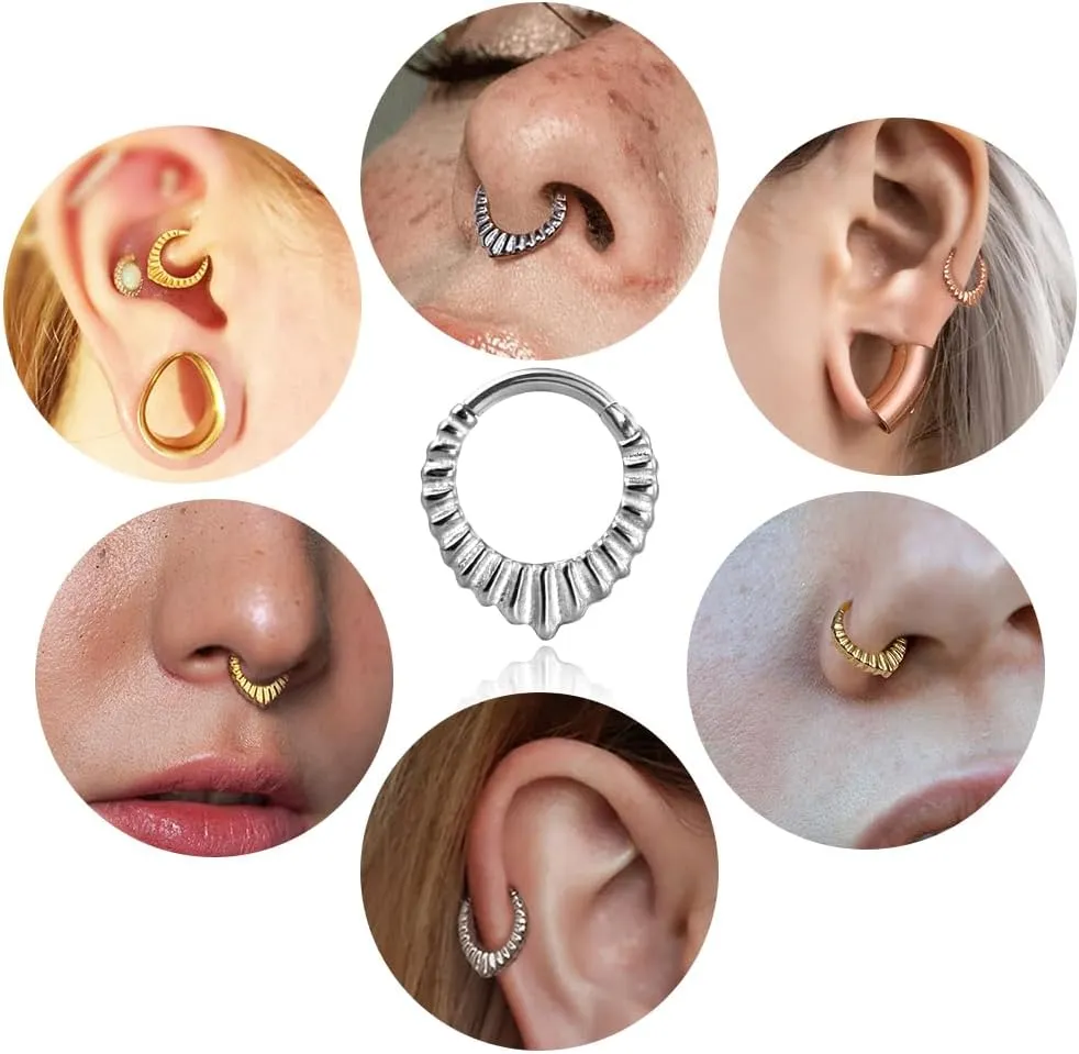 Septum Rings Hoop, 16G/8mm Surgical Stainless Steel Segment Nose Rings, Cartilage Clicker Hoop Earrings for Rook, Daith, Tragus, Shell pattern Gold Silver Rose for men and women