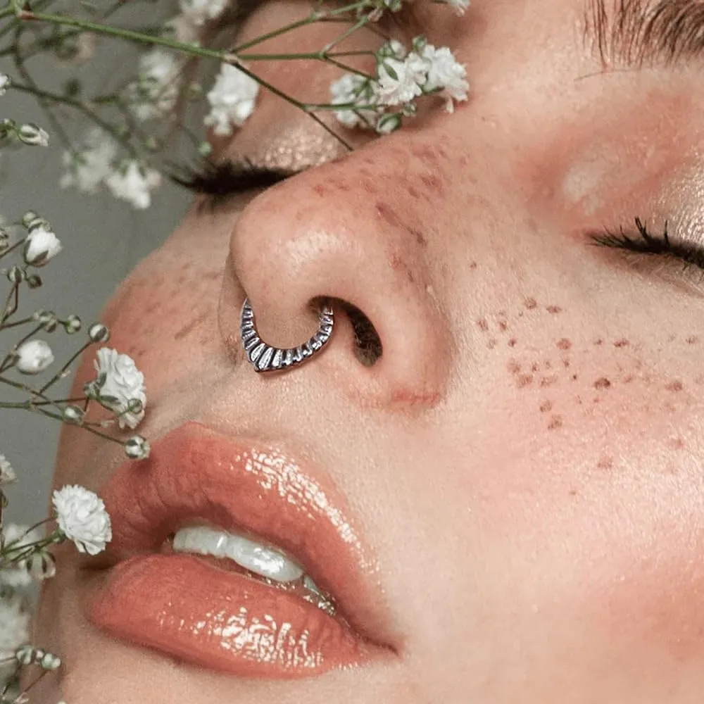 Septum Rings Hoop, 16G/8mm Surgical Stainless Steel Segment Nose Rings, Cartilage Clicker Hoop Earrings for Rook, Daith, Tragus, Shell pattern Gold Silver Rose for men and women