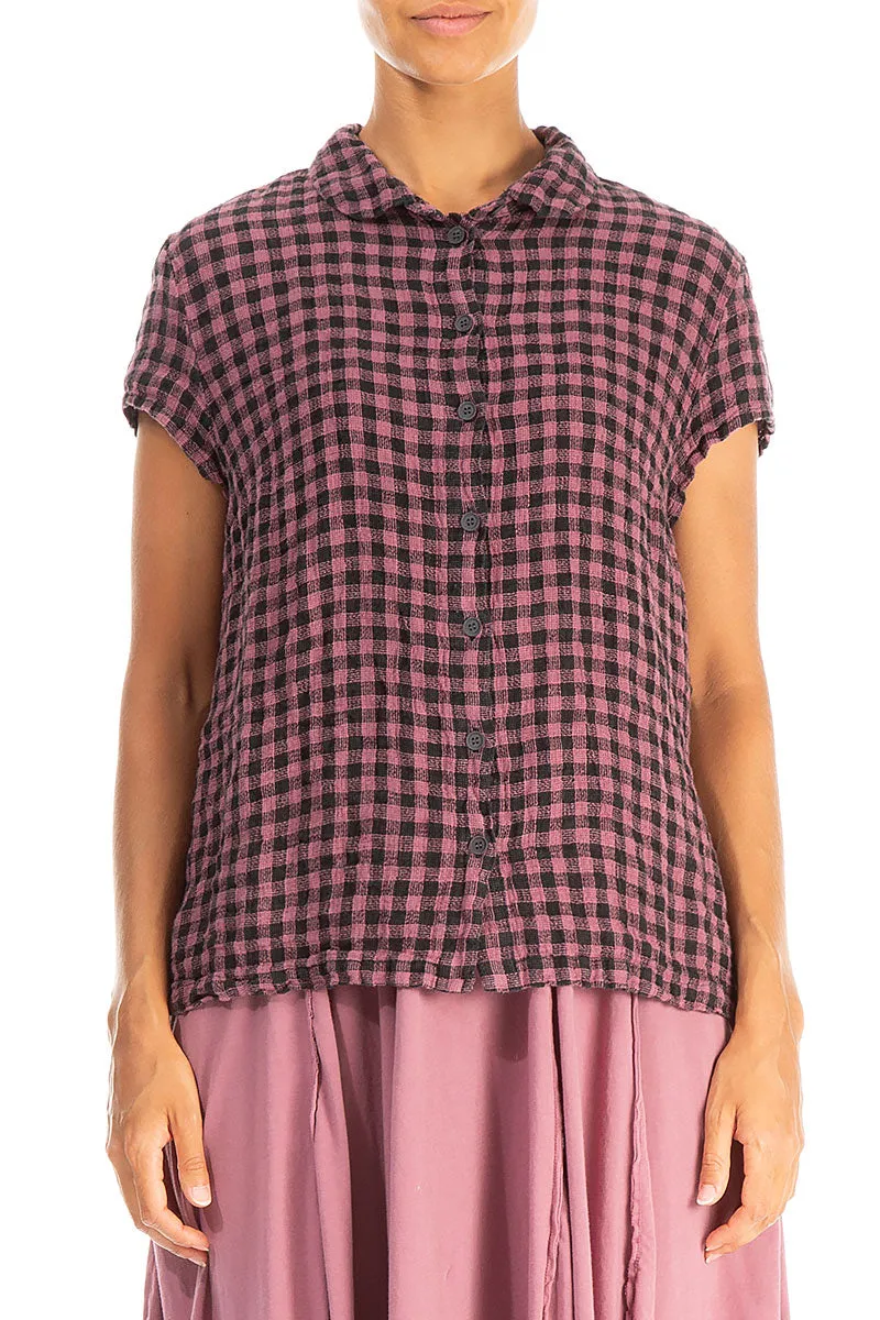 Short Sleeves Mauve Taupe Check Linen Jacket