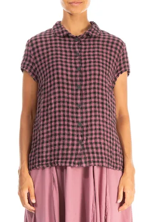 Short Sleeves Mauve Taupe Check Linen Jacket