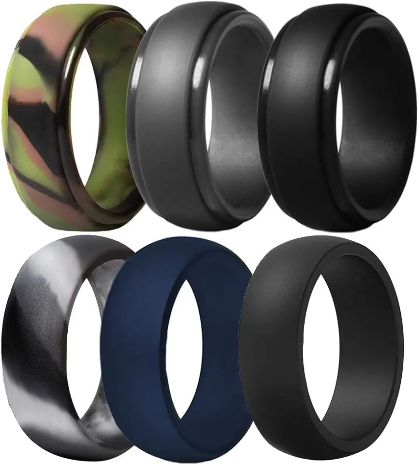 Silicone Wedding Ring for Men, 6 Pack Breathable Silicone Rubber Wedding Bands Durable Silicone Ring - 8.7 mm Wide(Camo,Navy Blue,Dark Grey,Black)