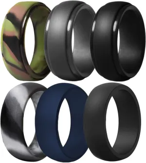 Silicone Wedding Ring for Men, 6 Pack Breathable Silicone Rubber Wedding Bands Durable Silicone Ring - 8.7 mm Wide(Camo,Navy Blue,Dark Grey,Black)