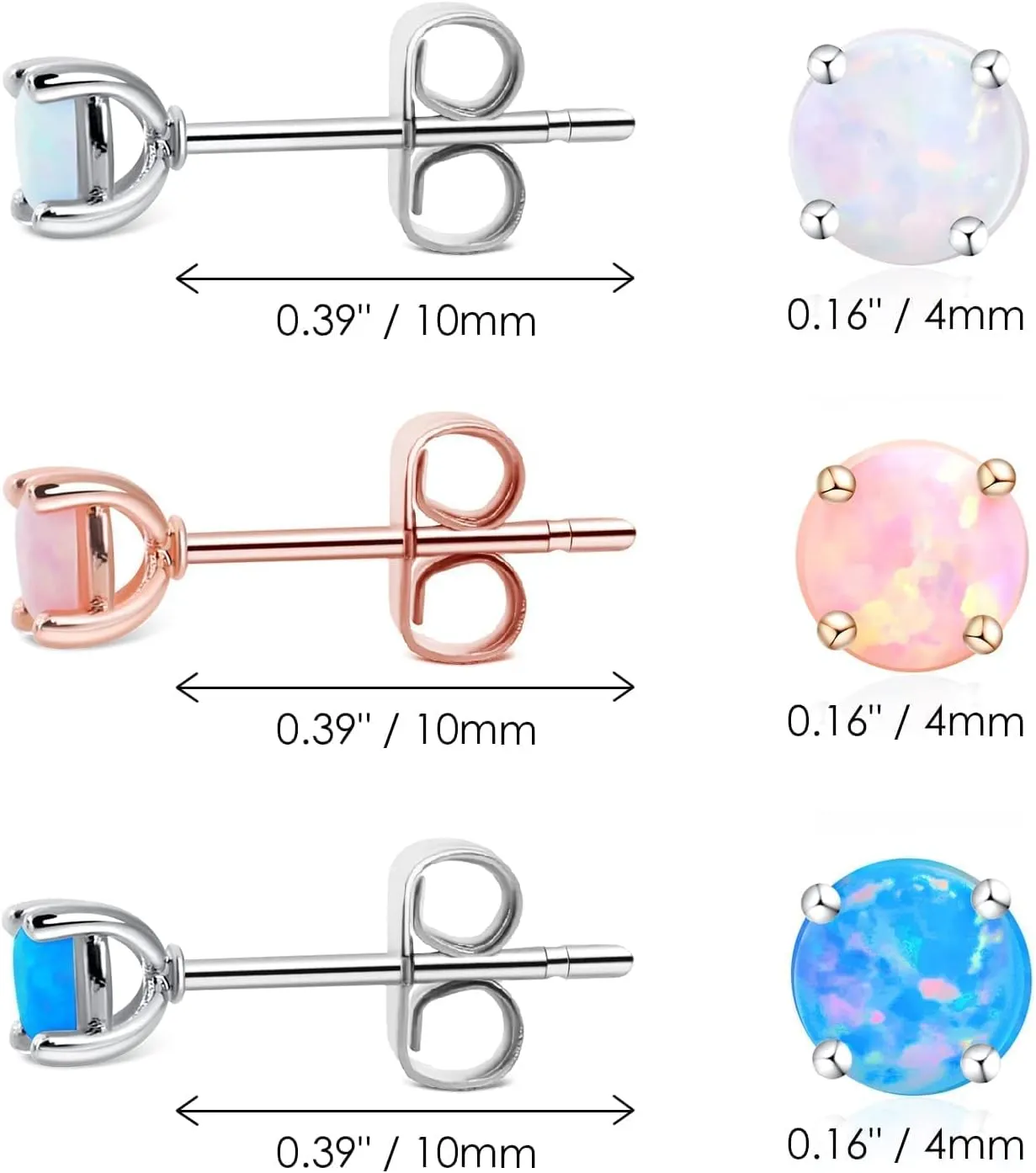 Silver Opal Stud Earrings Set:Rose Gold Earrings for Women- 14K White Gold Plated Jewelry 4mm Small Round Stainless Steel Sensitive Ear Post-Dainty Hypoallergenic