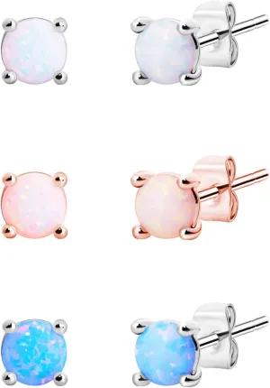 Silver Opal Stud Earrings Set:Rose Gold Earrings for Women- 14K White Gold Plated Jewelry 4mm Small Round Stainless Steel Sensitive Ear Post-Dainty Hypoallergenic