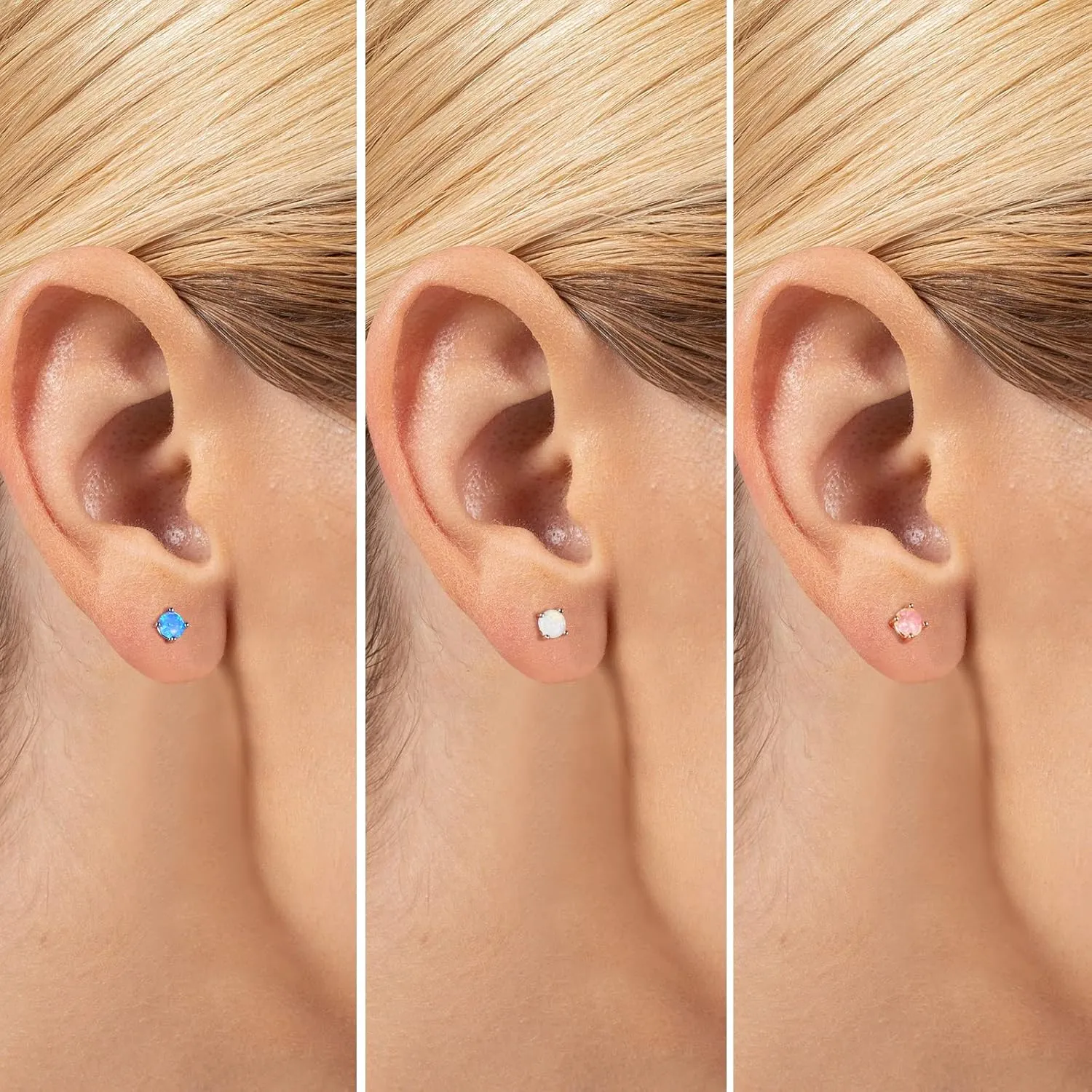 Silver Opal Stud Earrings Set:Rose Gold Earrings for Women- 14K White Gold Plated Jewelry 4mm Small Round Stainless Steel Sensitive Ear Post-Dainty Hypoallergenic