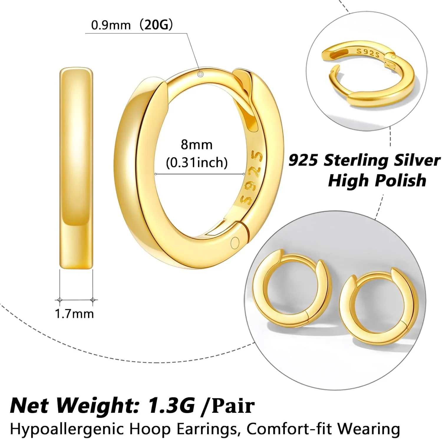 Silvora 925 Sterling Silver Small Hoop Earrings for Women Huggie Earrings Hypoallergenic Cartilage Earrings Tiny Hoops 6mm/8mm/10mm/12mm