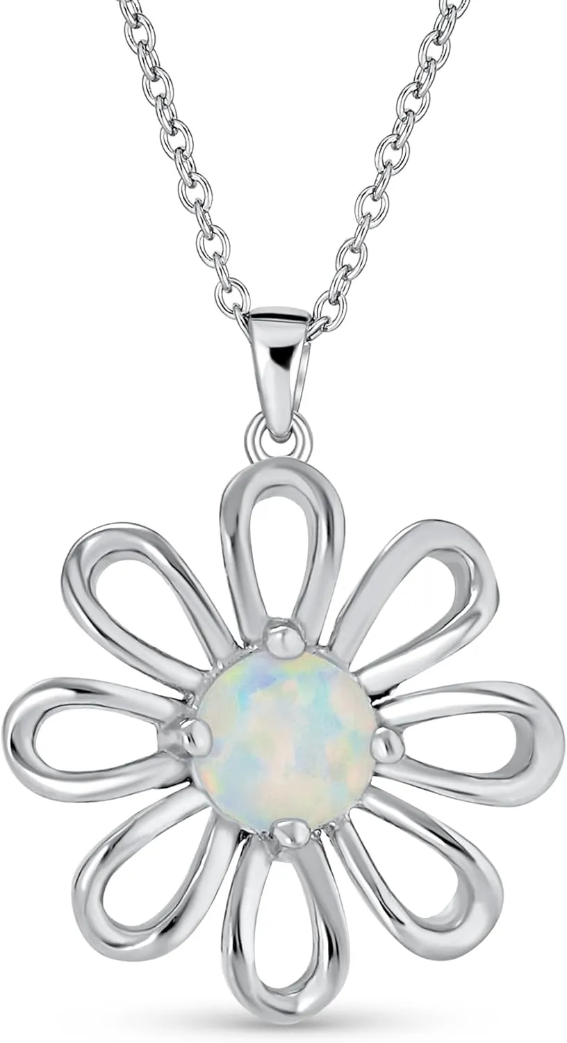 Simple Created Orange Fire White Opal Daisy Flower Stud Earrings Pendant Bracelet For Women Teen 14K Gold Plated .925 Sterling Silver October Birthstone