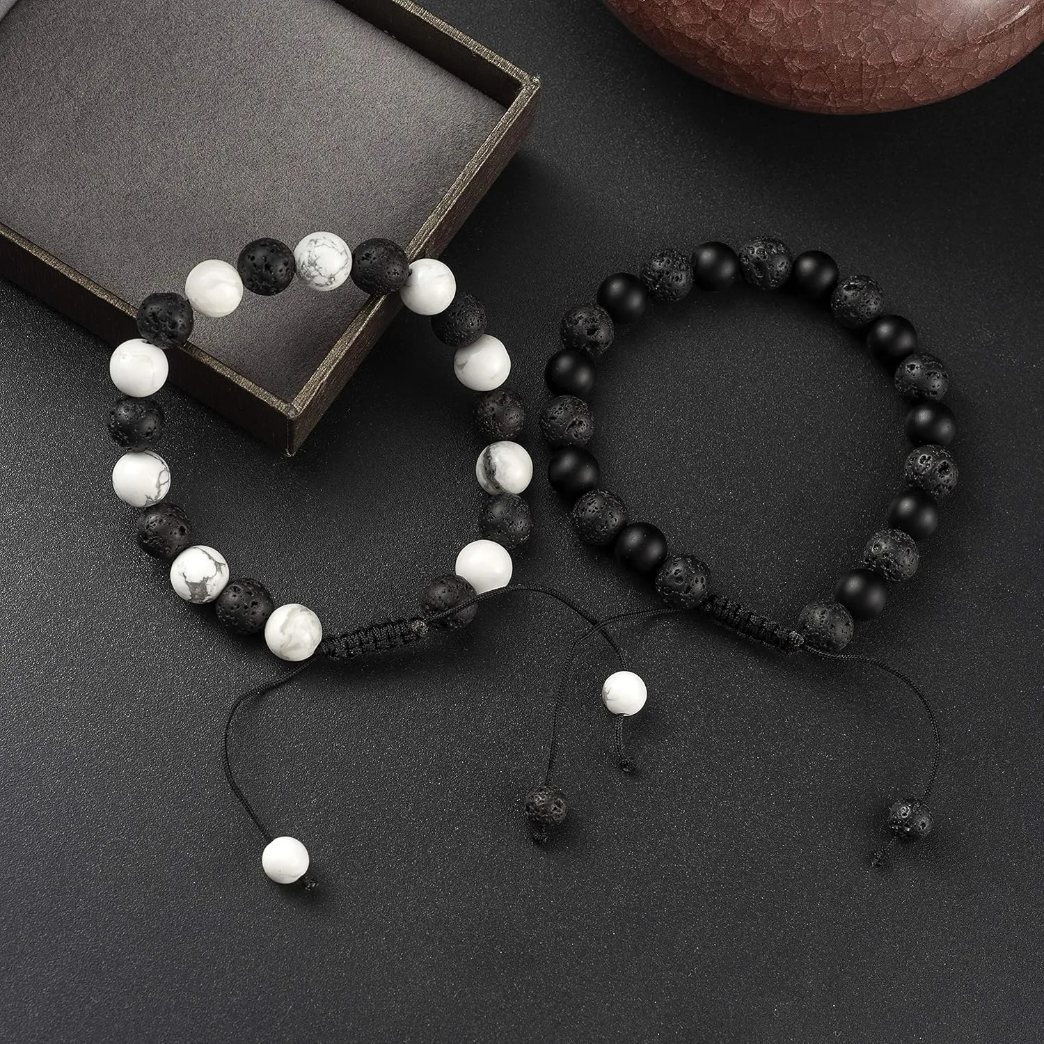 Softones 8MM Lava Rock Aromatherapy Anxiety Essential Black and White Intervals Beads Bracelet for Men Women, Friendship Couples Bracelets Gifts