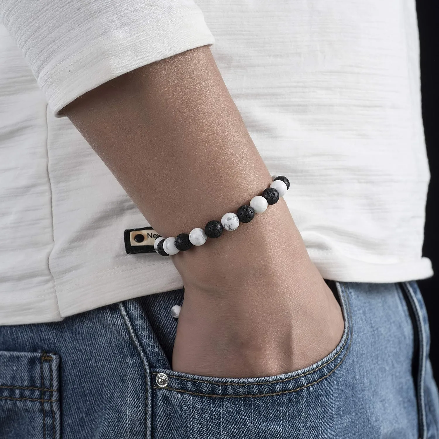 Softones 8MM Lava Rock Aromatherapy Anxiety Essential Black and White Intervals Beads Bracelet for Men Women, Friendship Couples Bracelets Gifts