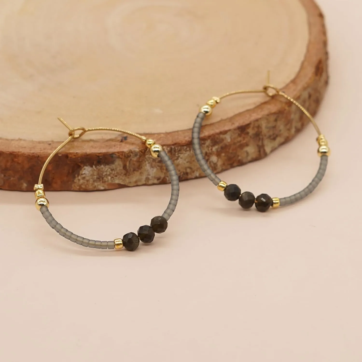 Sonateomber Gold Gemstone Beaded Hoop Earrings for Women, Boho Handmade Seed Beads Huggie Cartilage Hypoallergenic Prom Jewelry Gift
