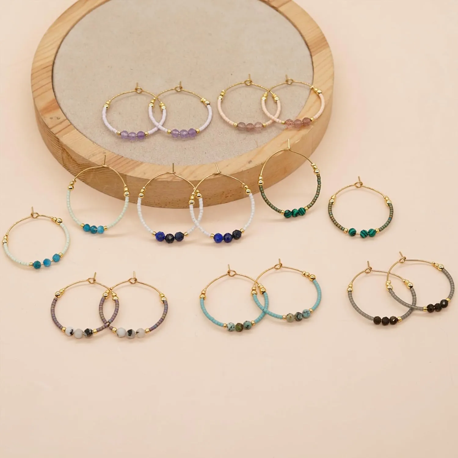 Sonateomber Gold Gemstone Beaded Hoop Earrings for Women, Boho Handmade Seed Beads Huggie Cartilage Hypoallergenic Prom Jewelry Gift