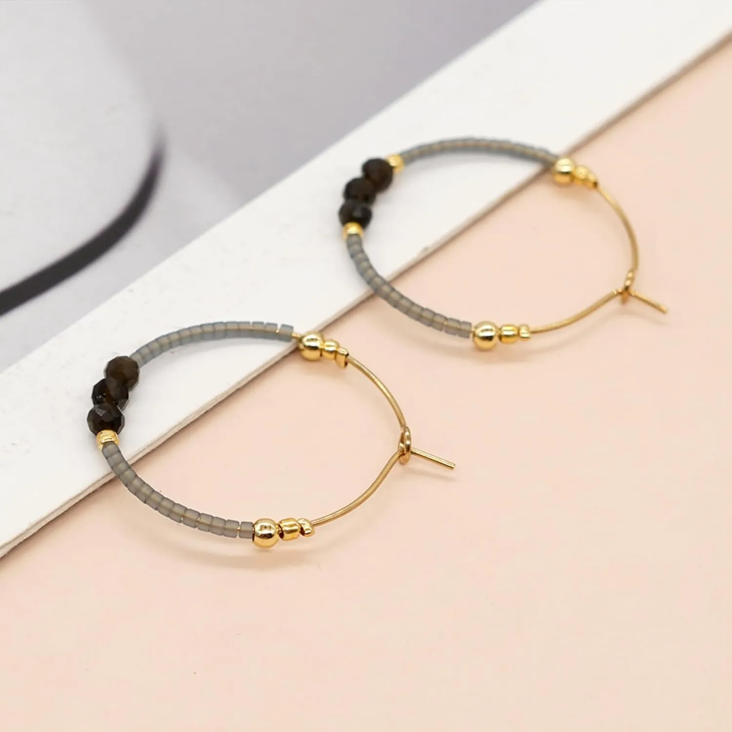 Sonateomber Gold Gemstone Beaded Hoop Earrings for Women, Boho Handmade Seed Beads Huggie Cartilage Hypoallergenic Prom Jewelry Gift