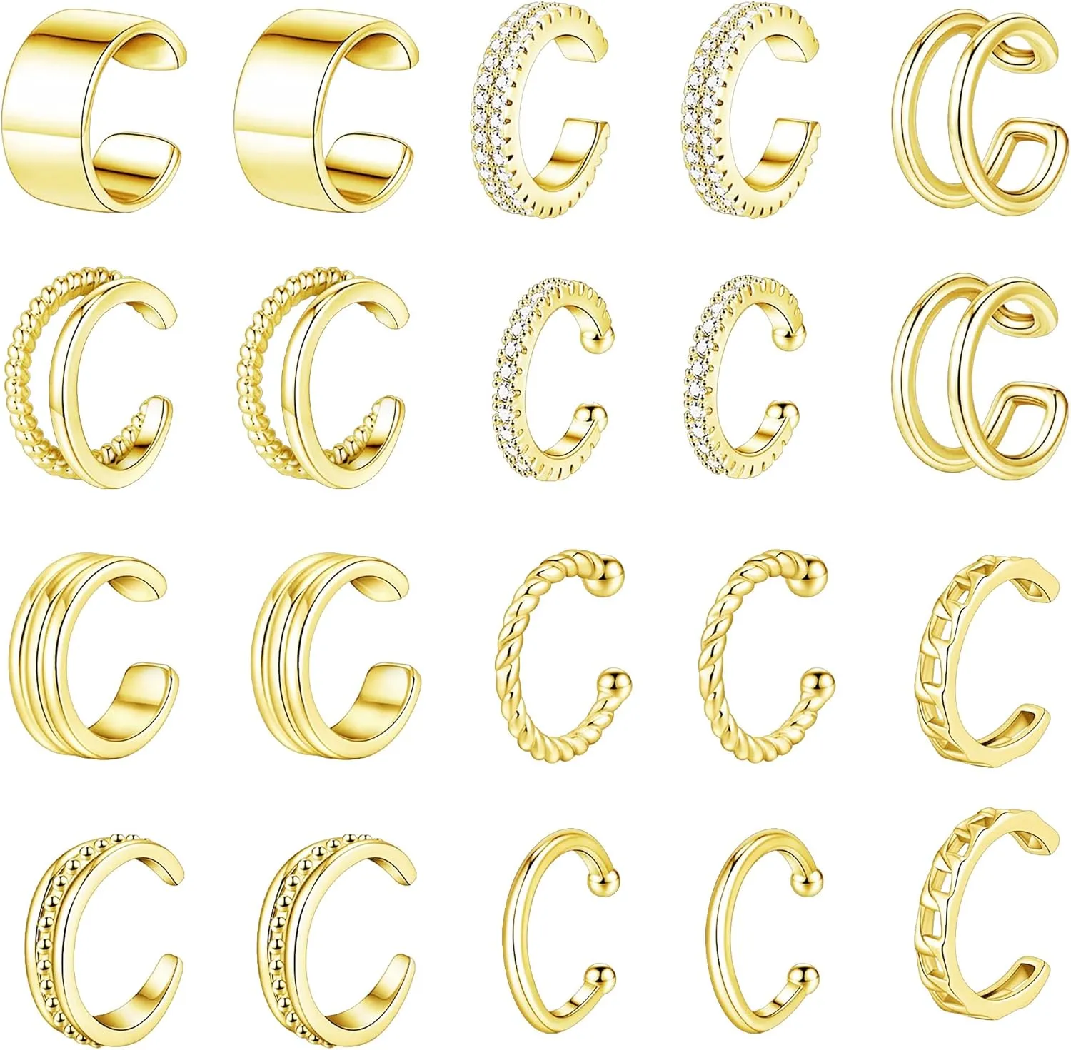 SONNYX 10 Pairs Ear Cuff Earrings for Women Non Piercing 14K Gold Silver Ear Cuffs for Non Pierced Ears Clip on Cartilage Earring Fake Earrings Lightweight