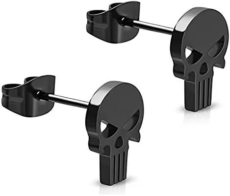 Stainless Steel Gothic Punk Punisher Skull Cut-Out Button Stud Post Earrings