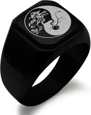 Stainless Steel Signet Biker Rings for Men, Yin & Yang Symbol Square Flat Top (Black, Gold, Silver), Size 7-16