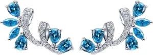 Sterling Silver Flower Earrings For Women Blue Cubic Zirconia Flower Stud Earrings Small Fashion Trend Flower Vine Climber Crawler Cuff Earrings Hypoallergenic Earrings For Mom Wife Birthday Gifts