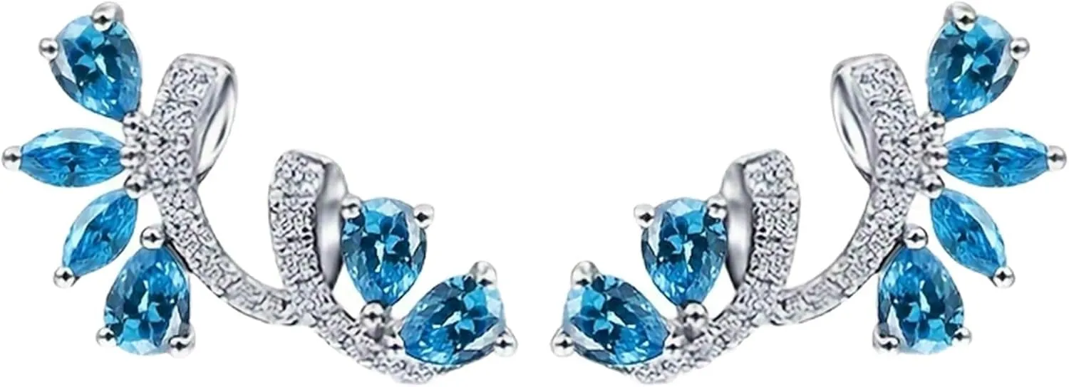 Sterling Silver Flower Earrings For Women Blue Cubic Zirconia Flower Stud Earrings Small Fashion Trend Flower Vine Climber Crawler Cuff Earrings Hypoallergenic Earrings For Mom Wife Birthday Gifts