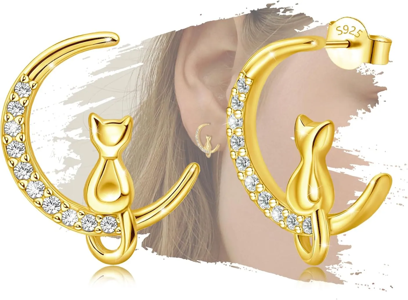 Sterling Silver Gold Moon Cat Stud Earrings with Cubic Zirconia Trendy Lightweight Fashion Moon Shaped Earrings for Sensitive Ears for Women