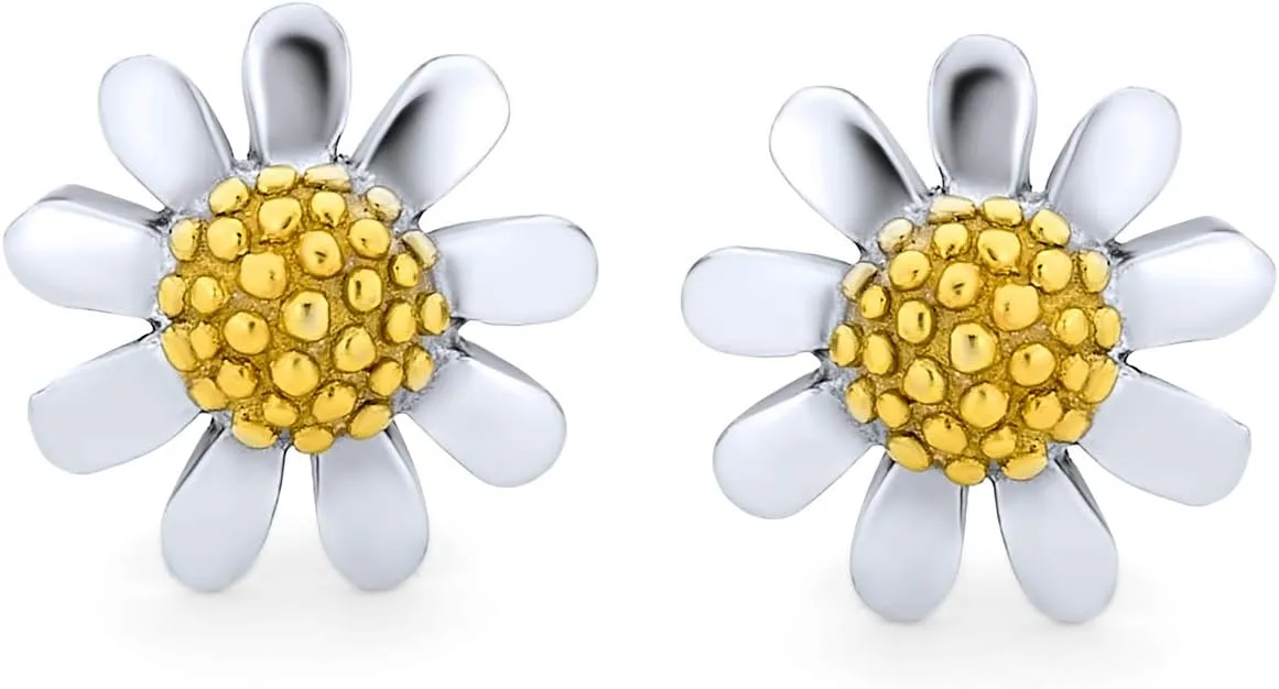 Summer Spring Time Two Tone Multi Charm Sunshine Sunflower Daisy Flower Earring Pendant Bracelet Jewelry Set For Women Teen Yellow 14K Gold Plated .925 Sterling Silver
