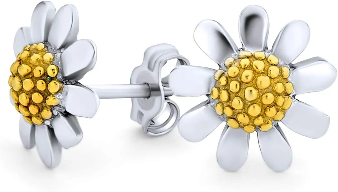 Summer Spring Time Two Tone Multi Charm Sunshine Sunflower Daisy Flower Earring Pendant Bracelet Jewelry Set For Women Teen Yellow 14K Gold Plated .925 Sterling Silver