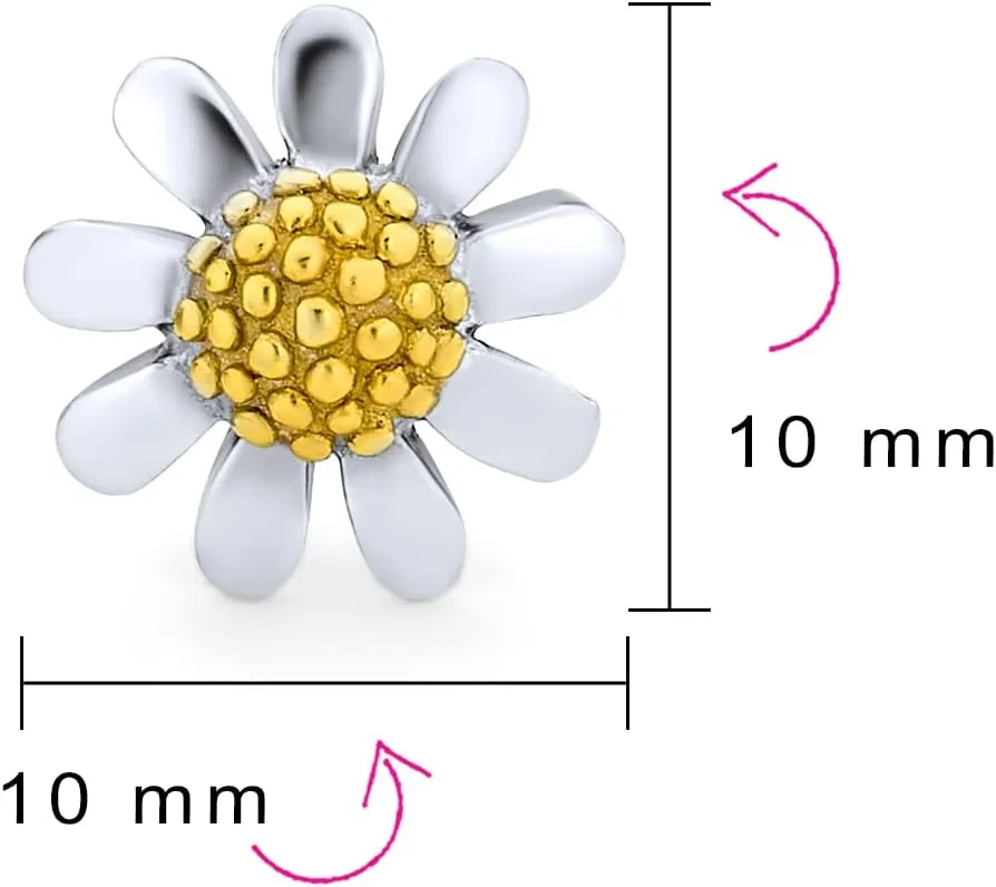Summer Spring Time Two Tone Multi Charm Sunshine Sunflower Daisy Flower Earring Pendant Bracelet Jewelry Set For Women Teen Yellow 14K Gold Plated .925 Sterling Silver