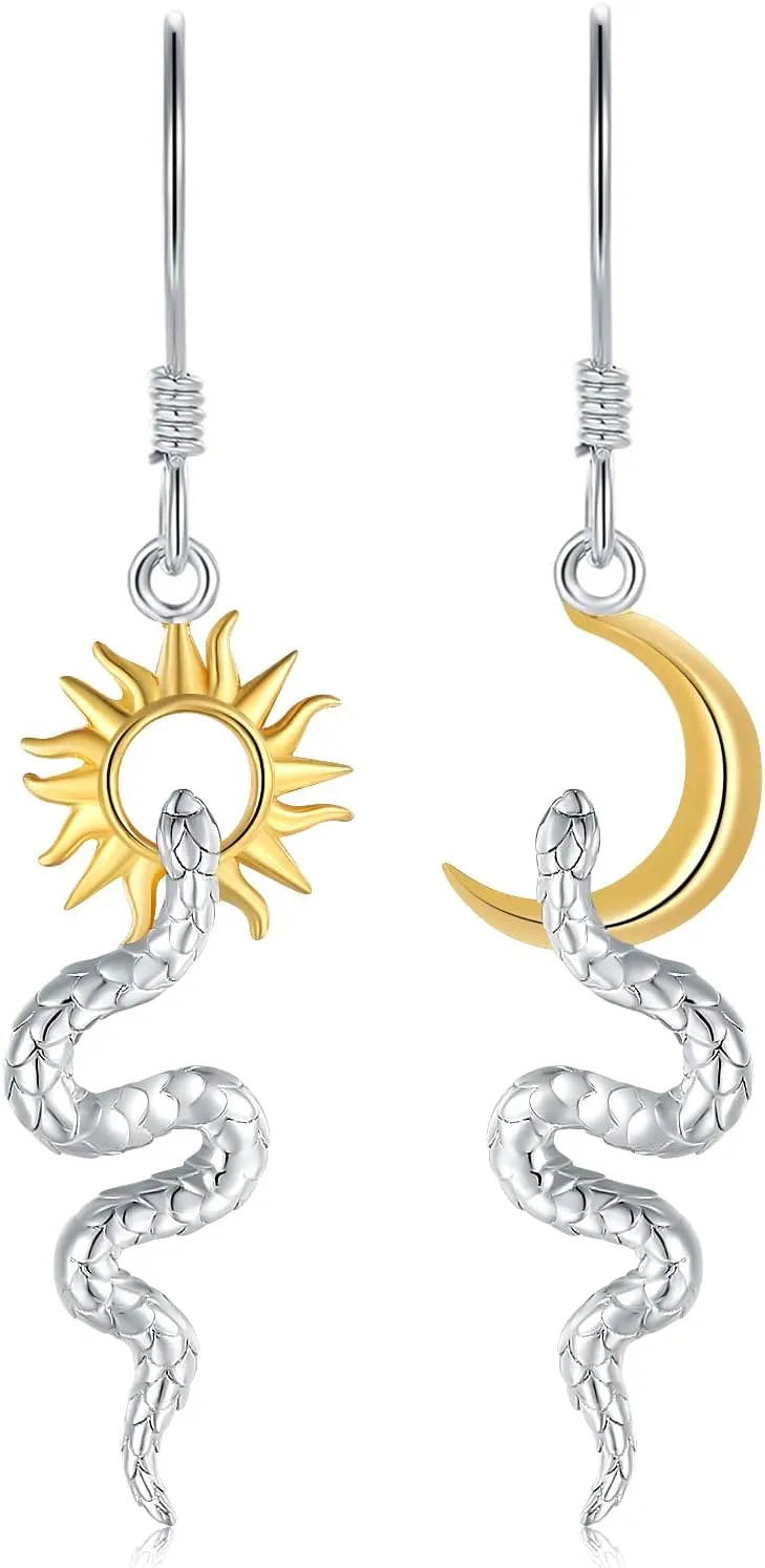 Sun Moon Snake Earrings Dangle for Women 925 Sterling Silver Sun Moon Snake Jewelry Gothic Huggie Hoop Animal Earring Punk Gifts Snake Drop Earrings