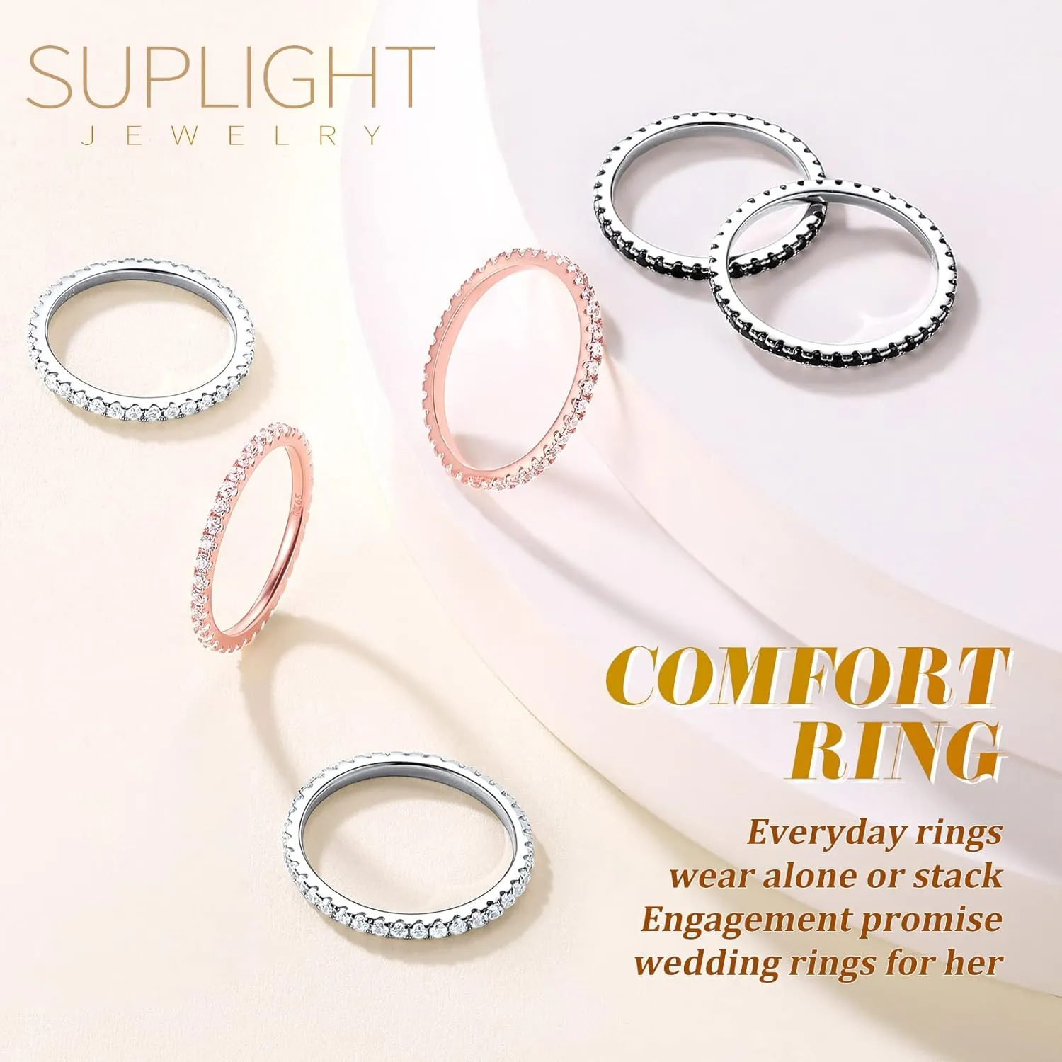 Suplight 925 Sterling Silver Eternity Rings Cubic Zirconia Fake Diamond Stackable Wedding Engagement Bands for Women(with Gift Box)