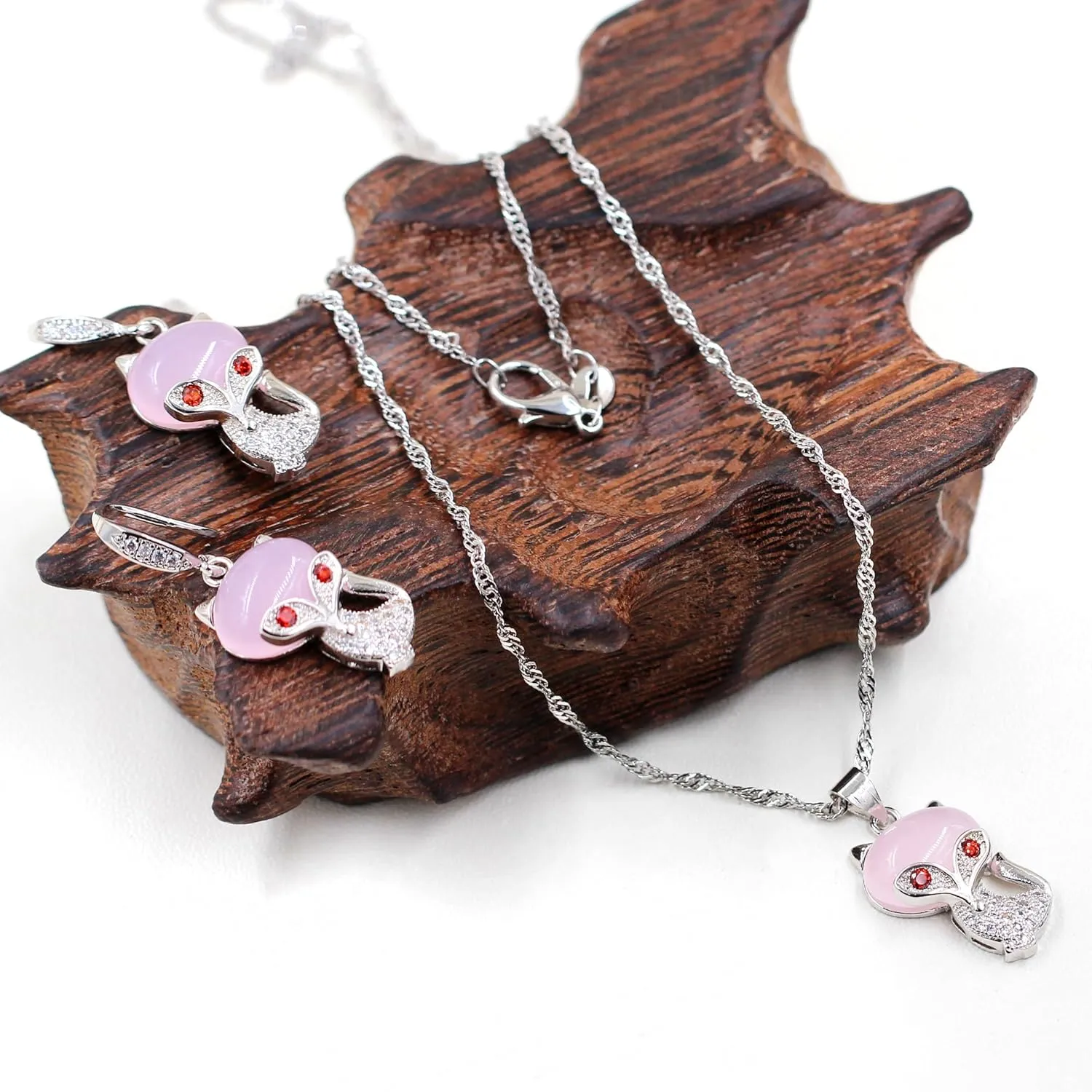 Sweet Fox Necklace and Earrings Set | Cute Fox Pendant Lovely Animal Necklace Jewelry Set Valentines Gifts for Her