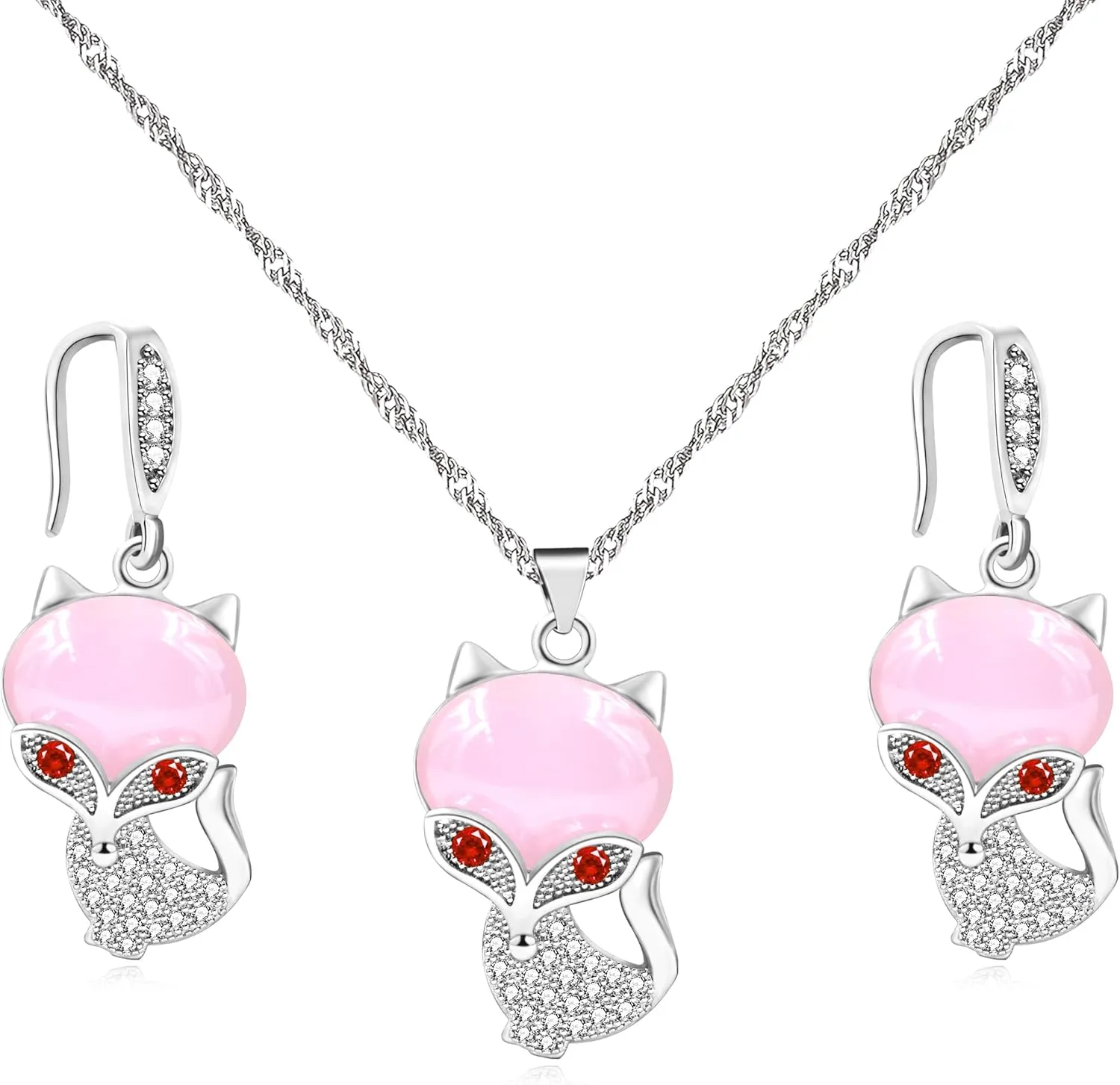 Sweet Fox Necklace and Earrings Set | Cute Fox Pendant Lovely Animal Necklace Jewelry Set Valentines Gifts for Her