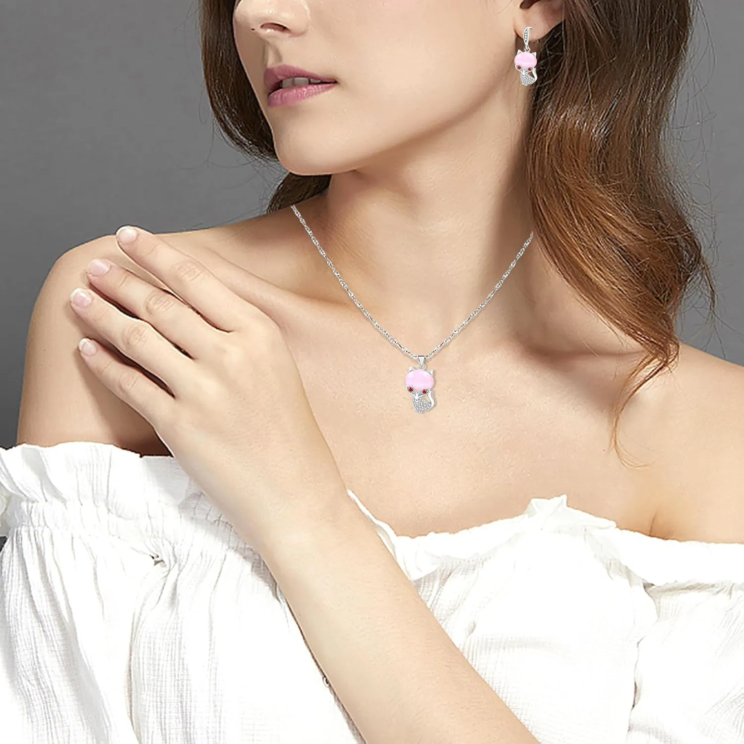 Sweet Fox Necklace and Earrings Set | Cute Fox Pendant Lovely Animal Necklace Jewelry Set Valentines Gifts for Her