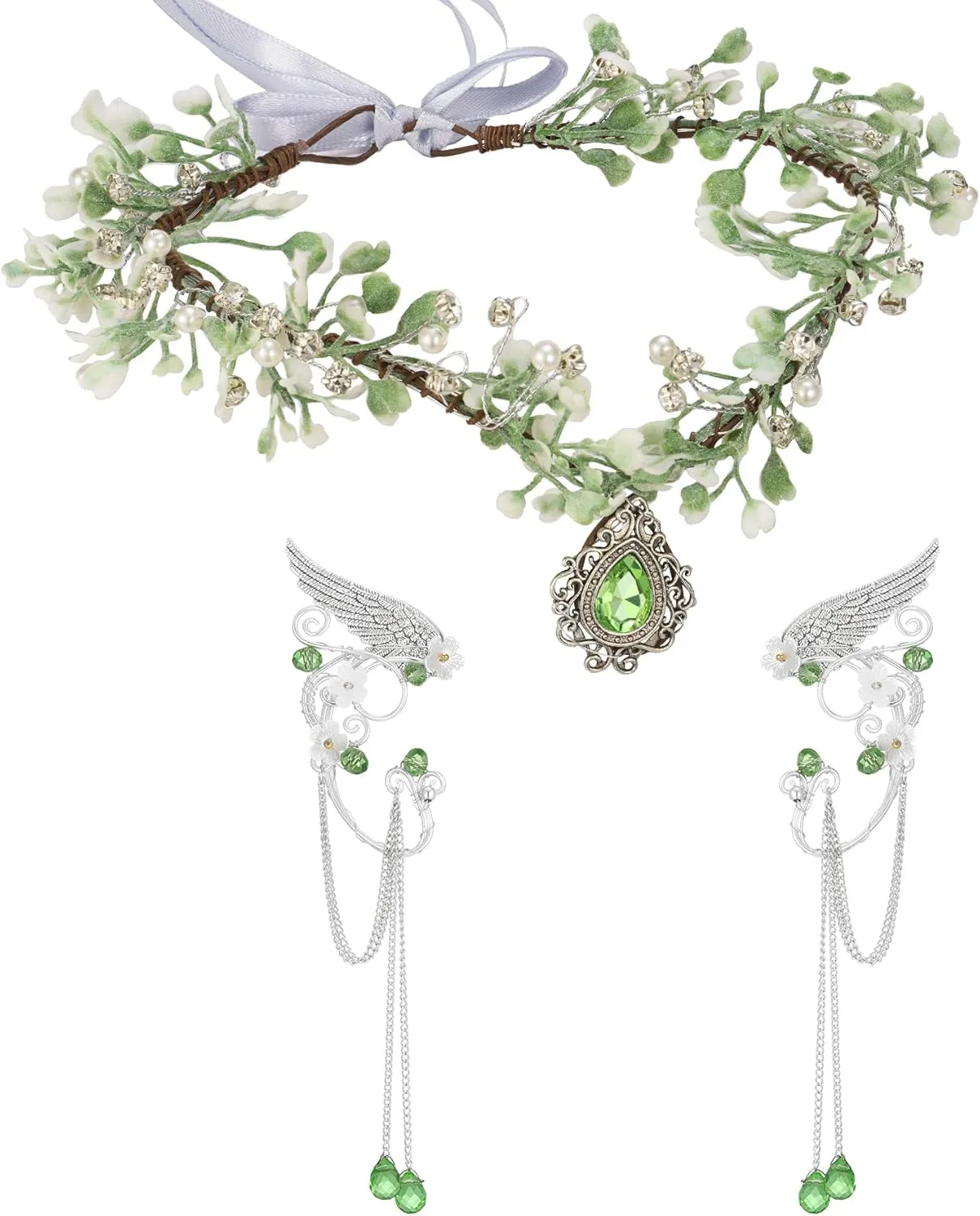 SWEETV Fairy Crown Elf Ears Cuffs Set Flower Crown Headpiece Halloween Elves Cosplay Set Renaissance Costume Medieval Tiara