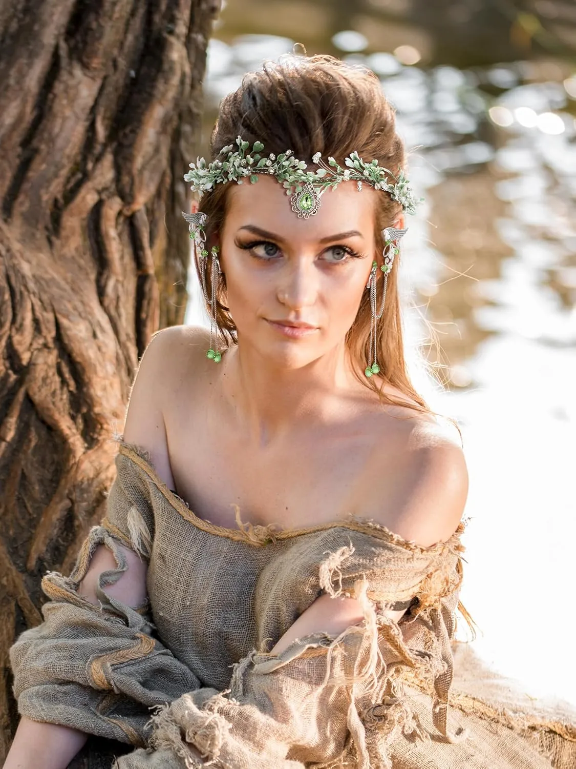 SWEETV Fairy Crown Elf Ears Cuffs Set Flower Crown Headpiece Halloween Elves Cosplay Set Renaissance Costume Medieval Tiara