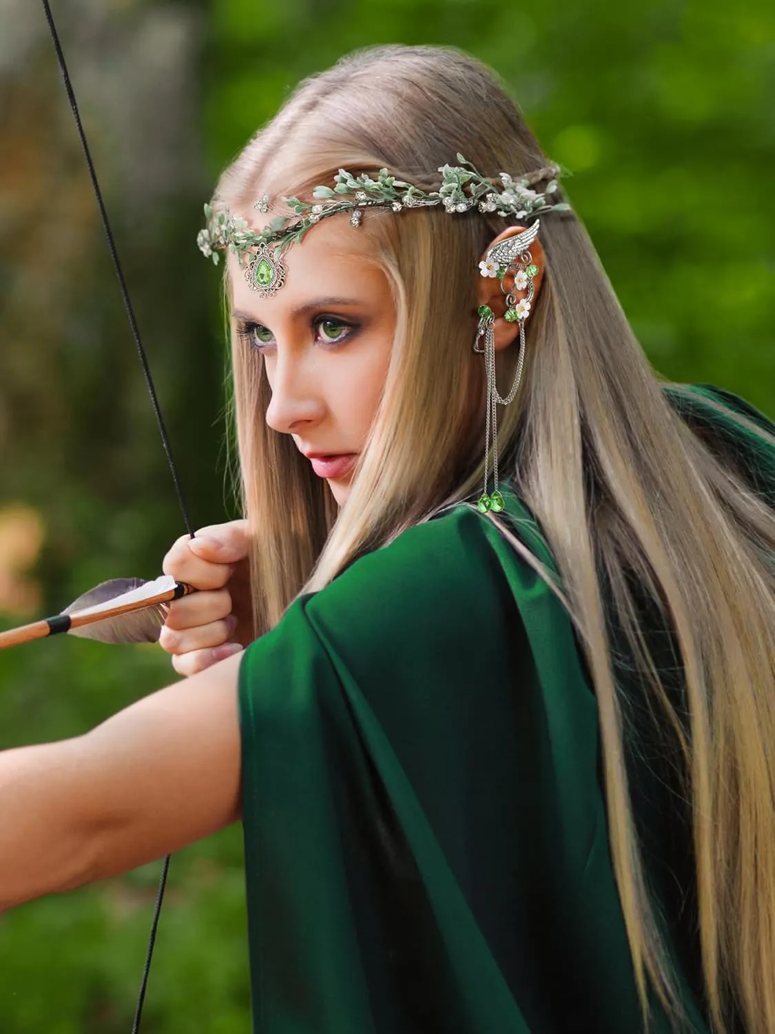 SWEETV Fairy Crown Elf Ears Cuffs Set Flower Crown Headpiece Halloween Elves Cosplay Set Renaissance Costume Medieval Tiara