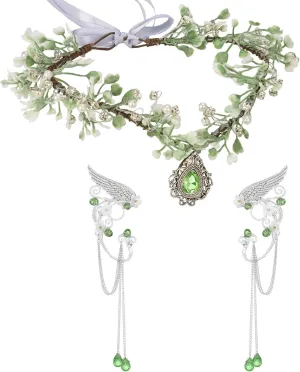 SWEETV Fairy Crown Elf Ears Cuffs Set Flower Crown Headpiece Halloween Elves Cosplay Set Renaissance Costume Medieval Tiara
