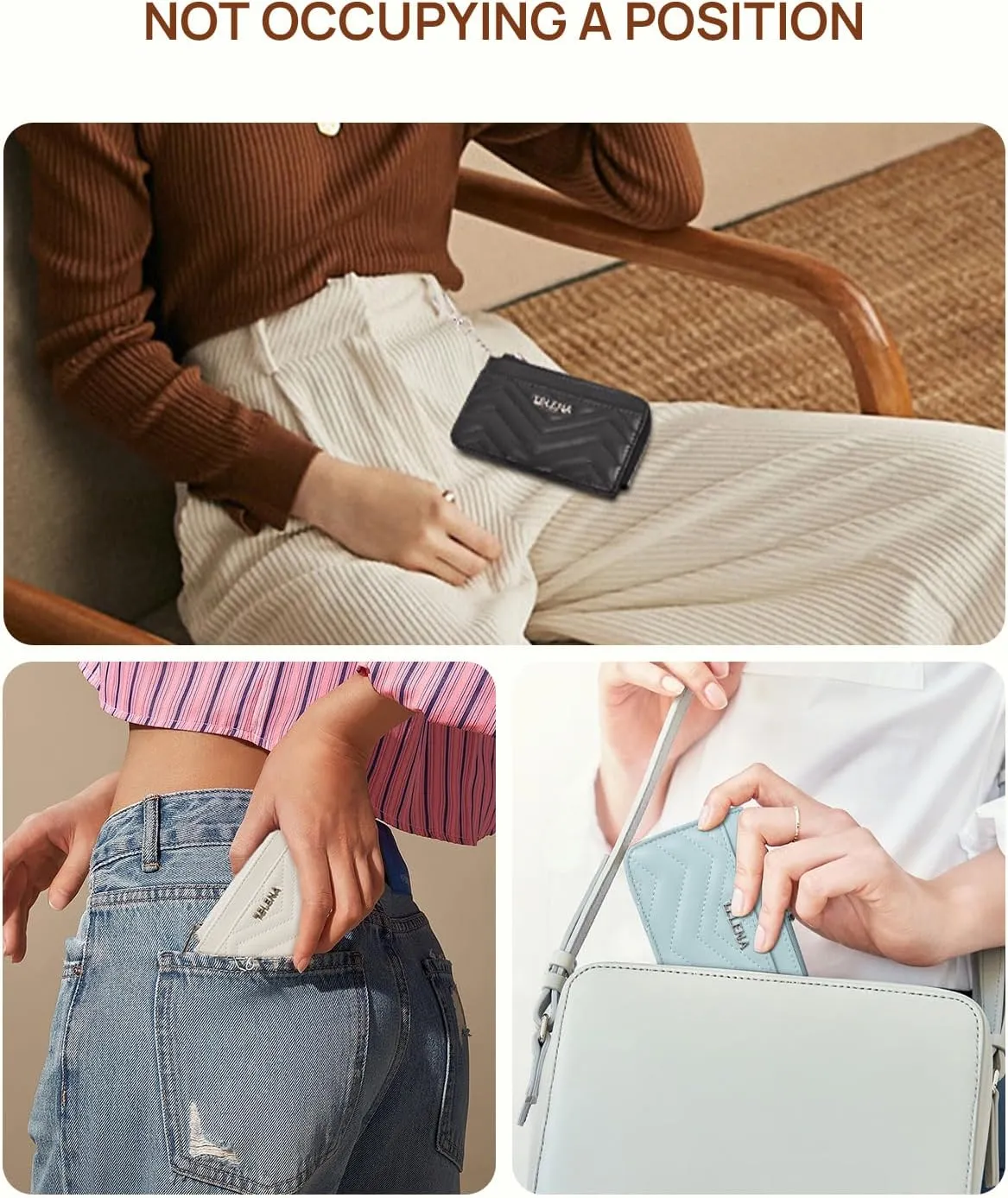 Telena Slim Wallet Women RFID Blocking Credit Card Holder Leather Coin Purse with Silver Keychain Beige