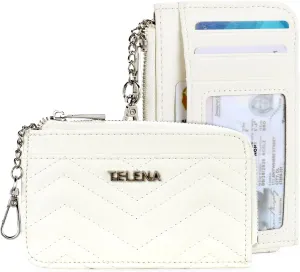 Telena Slim Wallet Women RFID Blocking Credit Card Holder Leather Coin Purse with Silver Keychain Beige