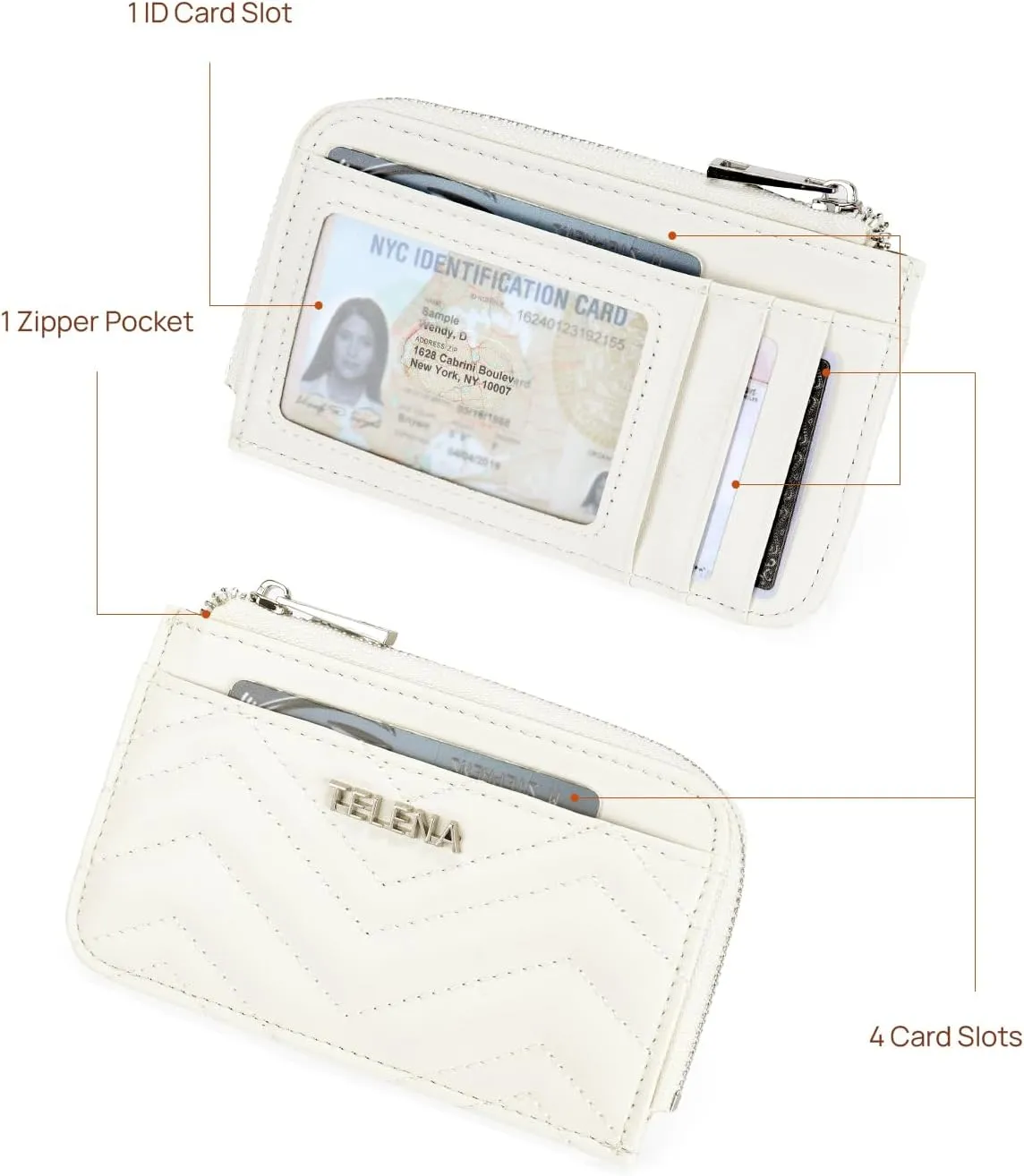 Telena Slim Wallet Women RFID Blocking Credit Card Holder Leather Coin Purse with Silver Keychain Beige