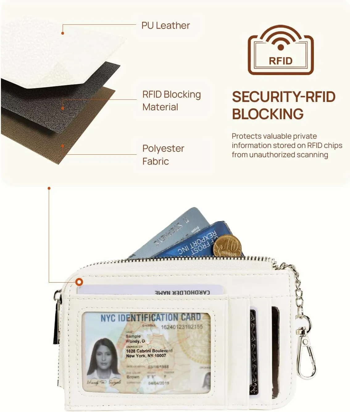 Telena Slim Wallet Women RFID Blocking Credit Card Holder Leather Coin Purse with Silver Keychain Beige