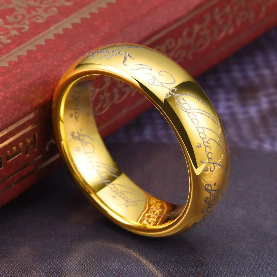 THREE KEYS JEWELRY 6mm/8mm Tungsten Mens Wedding Ring 18K Gold Plated Engagement Band Script Laser for Men Women