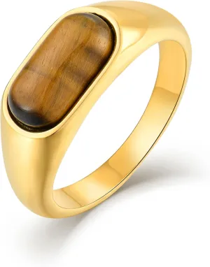 Tiger Eye Rings Stainless Steel Band 18K Gold Plated Gemstone Signet Rings for Women Vintage Style Jewelry-size6-10