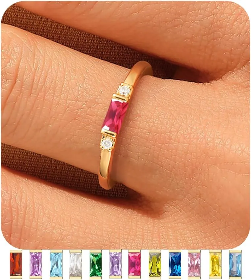 TOBENY Gold Birthstone Rings for Women 14K Gold Plated Non Tarnish Stackable Rings Dainty Emerald Green Gemstone Cubic Zirconia Engagement Wedding Ring for Birthday Jewelry Gifts Size 6-10