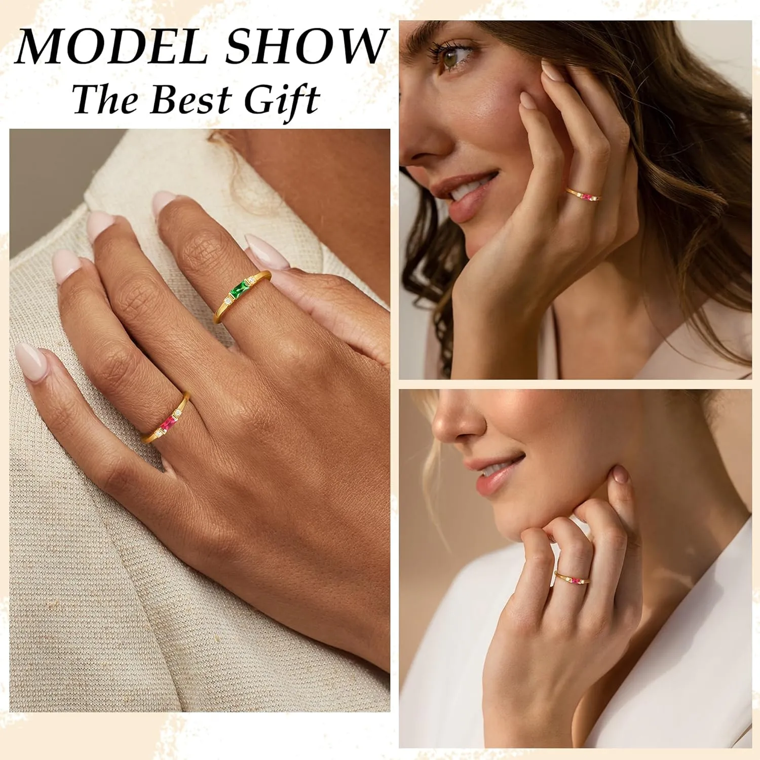TOBENY Gold Birthstone Rings for Women 14K Gold Plated Non Tarnish Stackable Rings Dainty Emerald Green Gemstone Cubic Zirconia Engagement Wedding Ring for Birthday Jewelry Gifts Size 6-10