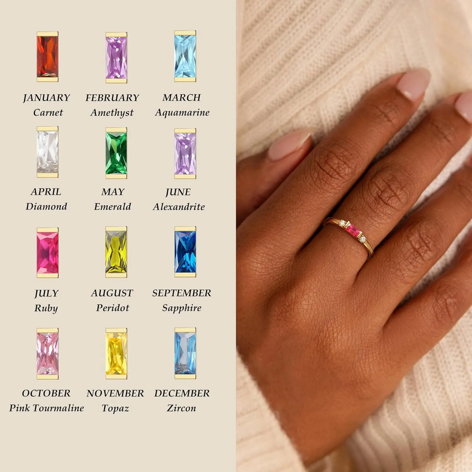 TOBENY Gold Birthstone Rings for Women 14K Gold Plated Non Tarnish Stackable Rings Dainty Emerald Green Gemstone Cubic Zirconia Engagement Wedding Ring for Birthday Jewelry Gifts Size 6-10