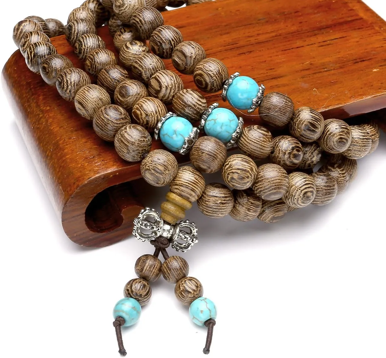 Top Plaza Unisex 108 Natural Wood 6mm 8mm Beads Bracelet Buddhist Rosary Mala Necklace(8mm Sandalwood Duobao)