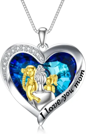 TOUPOP Mother Child Necklace Sterling Silver Sterling Silver I Love You Forever Mom Son Pendant Necklace with Blue Heart Crystal Birthday Anniversary Christmas Jewelry Gifts for Women Mom from Daughter Son